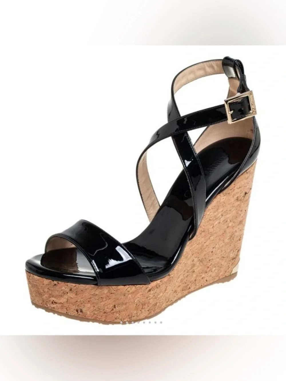 Jimmy Choo Portia Black Patent Leather Cork Wedge Sandals Size 38 NIB